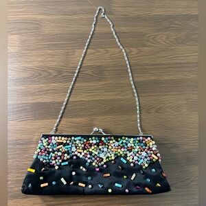 Colorful Beaded Black Clutch with Silver Strap‎